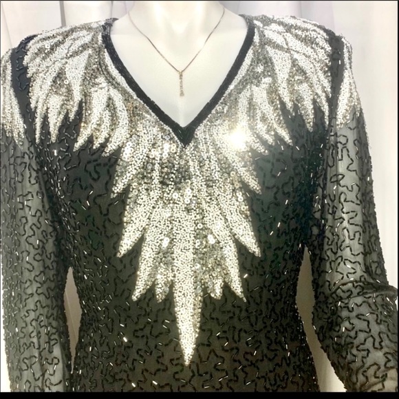 Oleg Cassini  BLACK TIE  Formal SILK Gown Occasion Event Evening Sequined - Picture 11 of 16